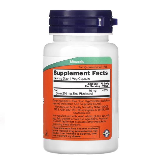 Zinc Picolinate, 50mg, 60 vcaps, NOW Foods - Vitax.ro