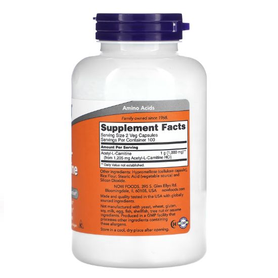 Acetyl-L-Carnitine, 500mg, 200 vcaps, NOW Foods - Vitax.ro