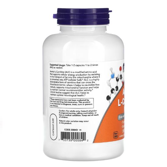 Acetyl-L-Carnitine, 500mg, 200 vcaps, NOW Foods - Vitax.ro