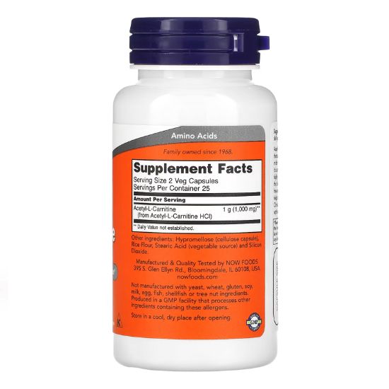 Acetyl-L-Carnitine, 500mg, 50 vcaps, NOW Foods - Vitax.ro