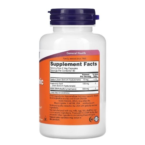 Hyaluronic Acid with MSM, 50mg, 120 vcaps, NOW Foods - Vitax.ro