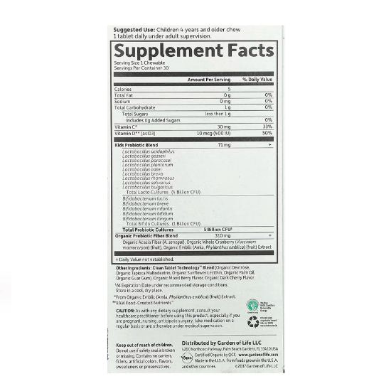 Dr. Formulated Probiotics Organic Kids+, Berry Cherry, 30 chewables, Garden of Life - Vitax.ro