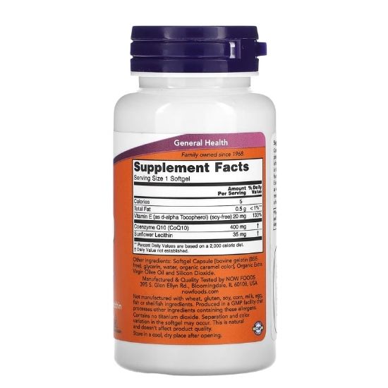 CoQ10 with Vitamin E & Sunflower Lecithin, 400mg, 30 softgels, NOW Foods - Vitax.ro