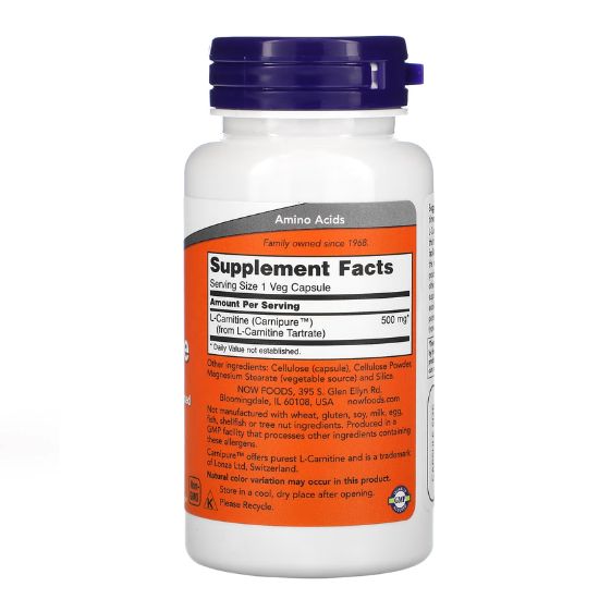 L-Carnitine, 500mg, 60 vcaps, NOW Foods - Vitax.ro