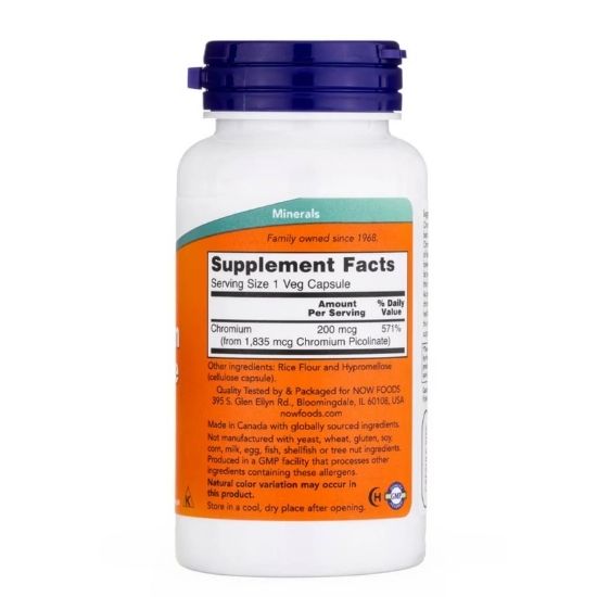 Chromium Picolinate, 200mcg, 100 vcaps, NOW Foods - Vitax.ro