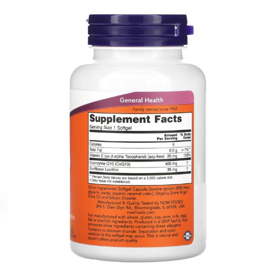 CoQ10 with Lecithin & Vitamin E, 400mg, 60 softgels, NOW Foods - Vitax.ro
