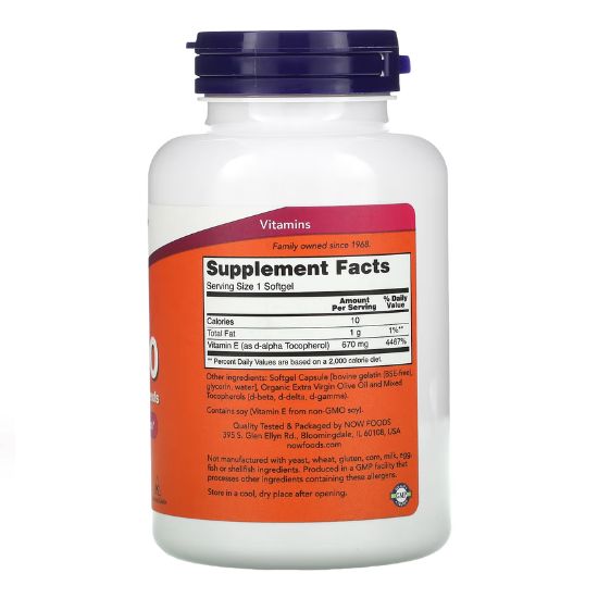 Vitamin E-1000, Natural (Mixed Tocopherols), 100 softgels, NOW Foods - Vitax.ro