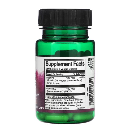 Vitamins D3 & K2, Extra Strength, 60 vcaps, Swanson - Vitax.ro