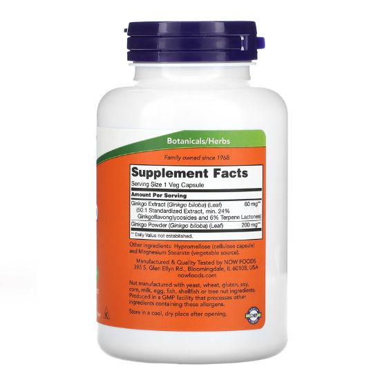 Ginkgo Biloba, 60mg, 240 vcaps, NOW Foods - Vitax.ro