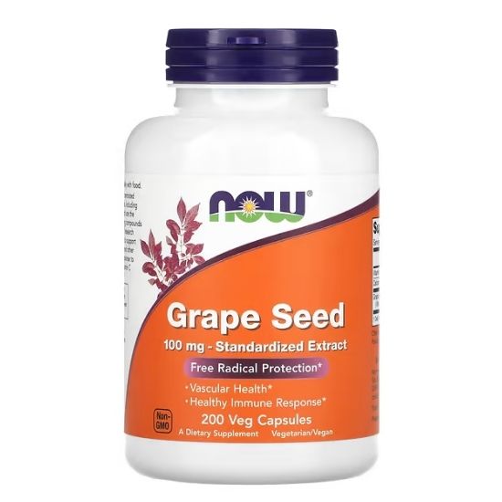Grape Seed Standardized Extract, 100mg, 200 vcaps, NOW Foods - Vitax.ro