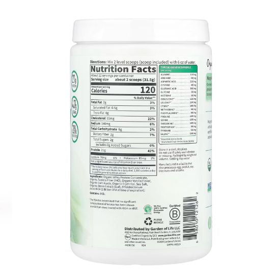 Organic Whey Protein Grass Fed, Vanilla, 378g, Garden of Life - Vitax.ro