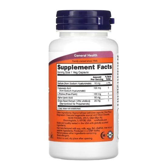 Hyaluronic Acid, 100mg Double Strength, 60 vcaps, NOW Foods - Vitax.ro