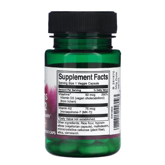Vitamins D3 & K2, 50mcg & 75mcg, 60 vcaps, Swanson - Vitax.ro
