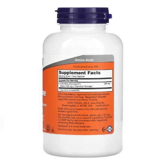 L-Carnitine, 500mg, 180 vcaps, NOW Foods - Vitax.ro