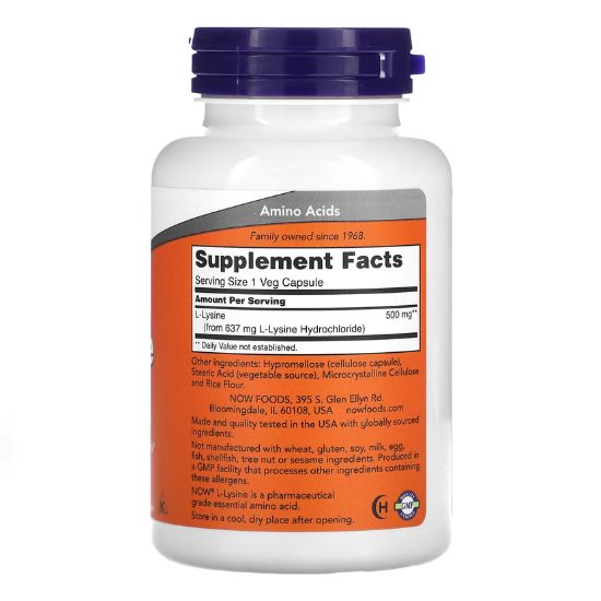L-Lysine, 500mg, 100 vcaps, NOW Foods - Vitax.ro