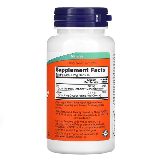 L-OptiZinc, 30mg, 100 vcaps, NOW Foods - Vitax.ro