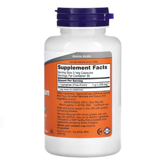 L-Tryptophan, 500mg, 60 vcaps, NOW Foods - Vitax.ro