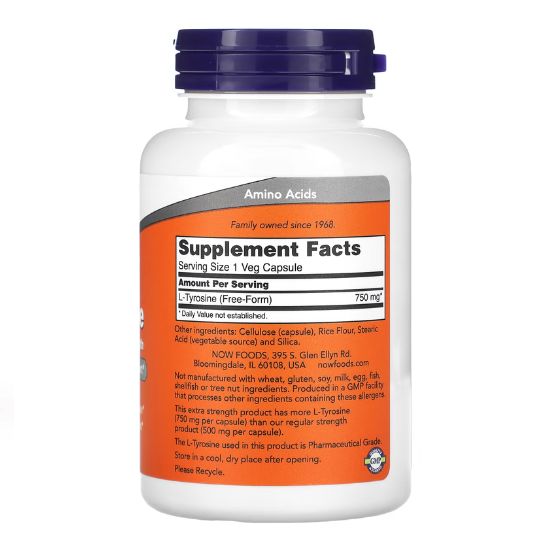 L-Tyrosine, Extra Strength 750mg, 90 vcaps, NOW Foods - Vitax.ro