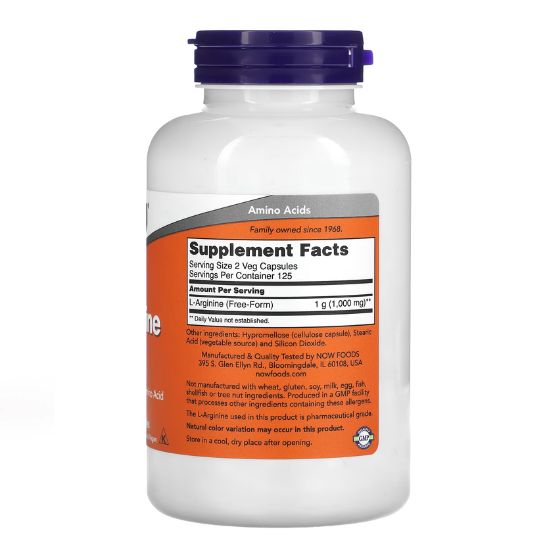 L-Arginine, 500mg, 250 caps, NOW Foods - Vitax.ro