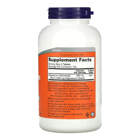 Magnesium Citrate, 200mg, 250 tablets, NOW Foods - Vitax.ro