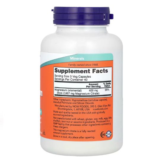 Magnesium Citrate, 400mg, 120 vcaps, NOW Foods - Vitax.ro