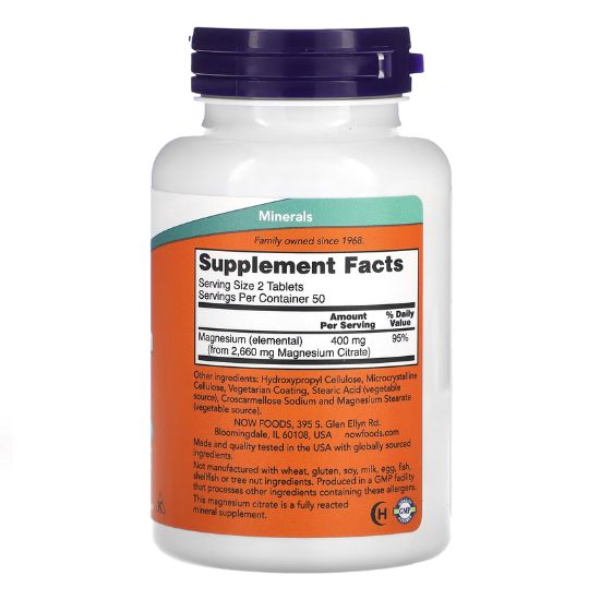 Magnesium Citrate, 200mg, 100 tablets, NOW Foods - Vitax.ro