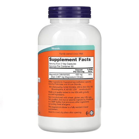 Magnesium Citrate, 400mg, 240 vcaps, NOW Foods - Vitax.ro