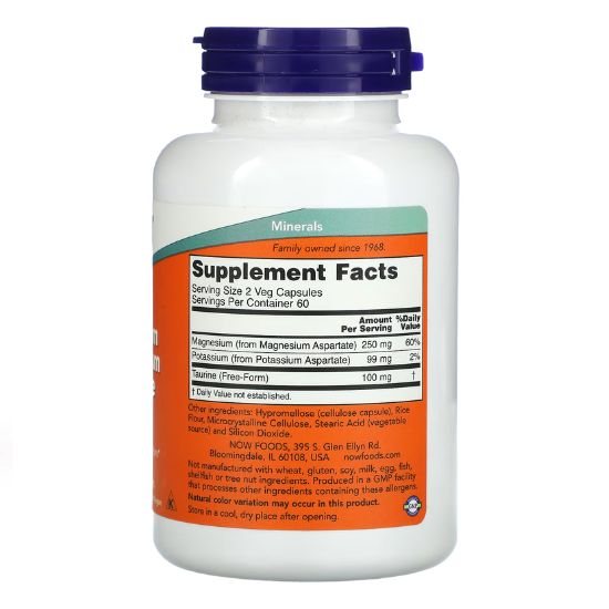 Magnesium & Potassium Aspartate with Taurine, 120 vcaps, NOW Foods - Vitax.ro