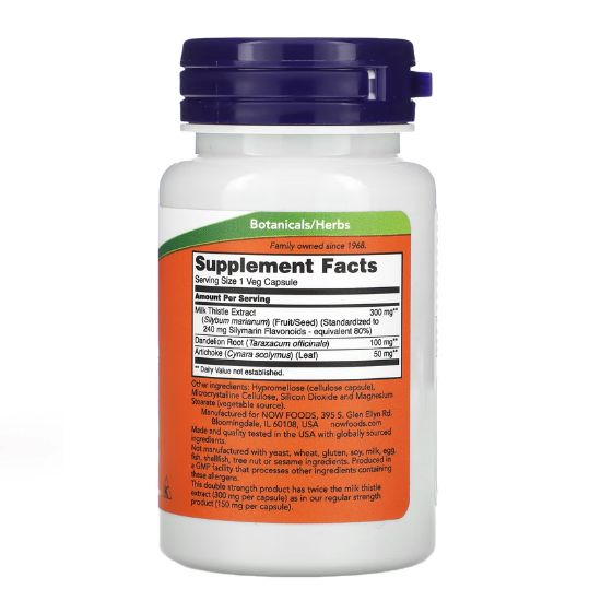 Milk Thistle Extract with Artichoke & Dandelion, Double Strength 300mg, 50 vcaps, NOW Foods - Vitax.ro