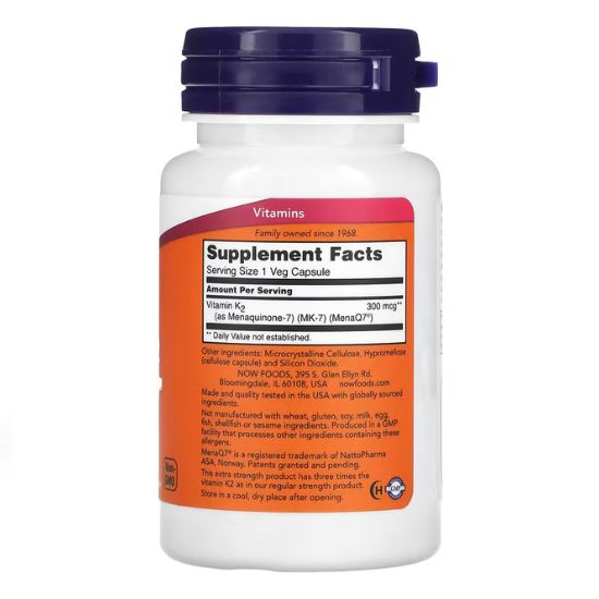MK-7 Vitamin K-2, 300mcg Extra Strength, 60 vcaps, NOW Foods - Vitax.ro