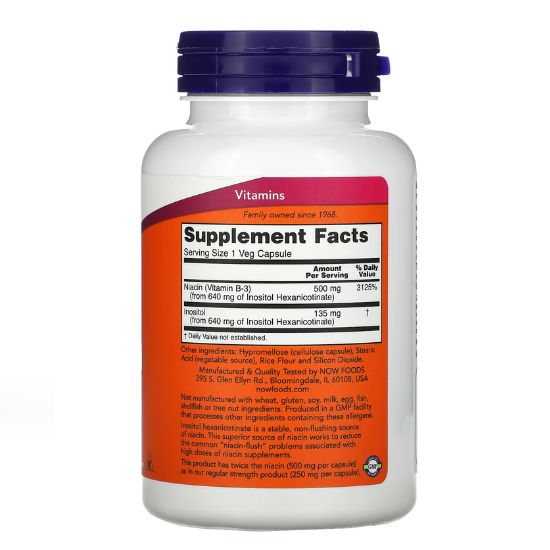 Niacin Flush-Free, 500mg (Double Strength), 90 vcaps, NOW Foods - Vitax.ro