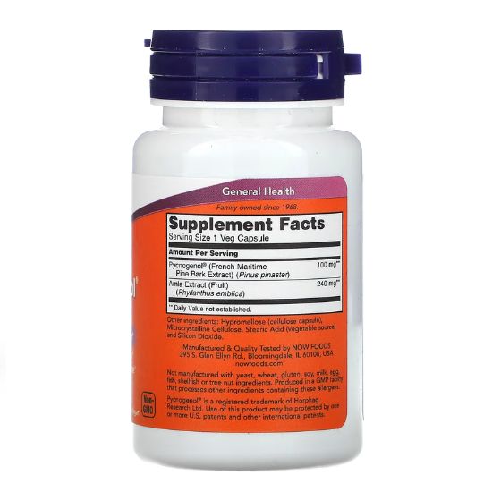 Pycnogenol, 100mg, 60 vcaps, NOW Foods - Vitax.ro