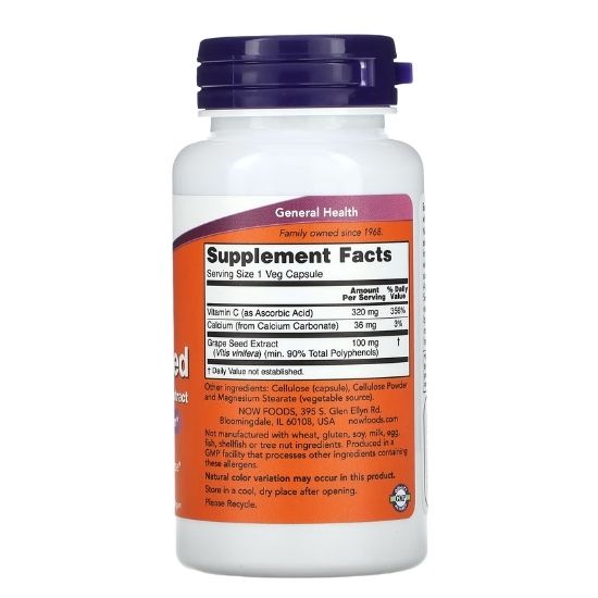 Grape Seed Standardized Extract, 100mg, 100 vcaps, NOW Foods - Vitax.ro