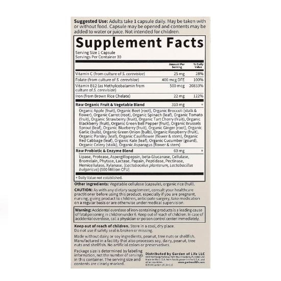 Vitamin Code Raw Iron, 30 vegan caps, Garden of Life - Vitax.ro