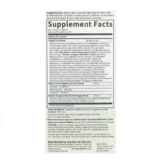 Raw Probiotics Vaginal Care (Shelf-Stable), 30 vcaps, Garden of Life - Vitax.ro