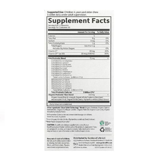 Dr. Formulated Probiotics Organic Kids+, Strawberry Banana, 30 chewables, Garden of Life - Vitax.ro