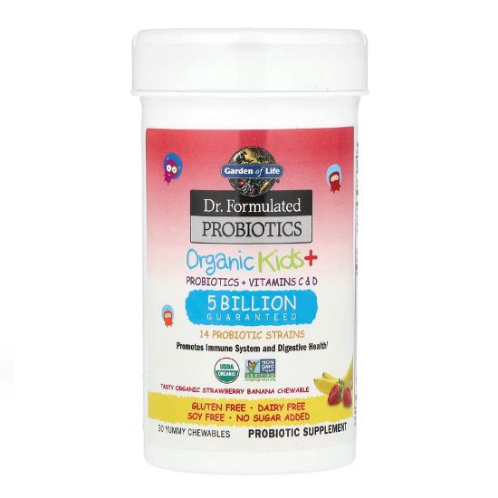 Dr. Formulated Probiotics Organic Kids+, Strawberry Banana, 30 chewables, Garden of Life - Vitax.ro