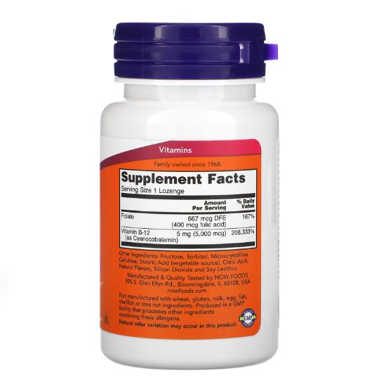 Vitamin B-12 with Folic Acid, 5000mcg, 60 lozenges, NOW Foods - Vitax.ro