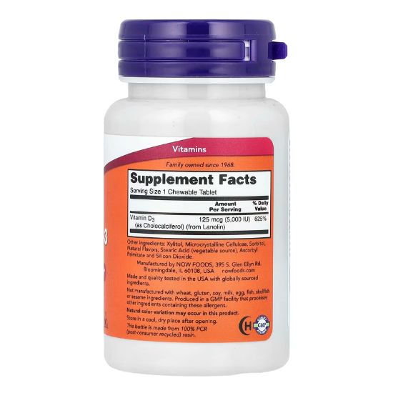 Vitamin D-3, 5000 IU (Chewable), 120 chewables, NOW Foods - Vitax.ro