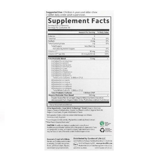 Dr. Formulated Probiotics Organic Kids+, Watermelon, 30 chewables, Garden of Life - Vitax.ro