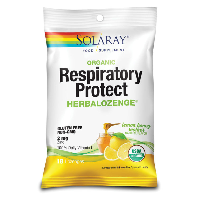 Respiratory Protect HerbaLozenge Lemon Honey Soother, Solaray, Pentru Gat, Punga cu 18 Dropsuri - Vitax.ro