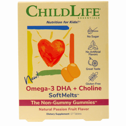 Omega-3 DHA+Choline SoftMelts, Childlife Essentials, Gust de Fructul Pasiunii, Cutie cu 27 Tablete Masticabile, 3 Blistere cu 9 Tablete - Vitax.ro