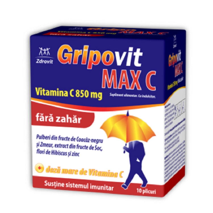 Gripovit Max C, Vitamina C 850mg Fara Zahar, Zdrovit, 10 Plicuri - Vitax.ro