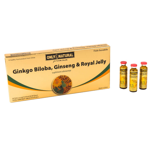 Ginkgo Biloba, Ginseng & Royal Jelly, Only Natural, 10 Fiole Buvabile - Vitax.ro