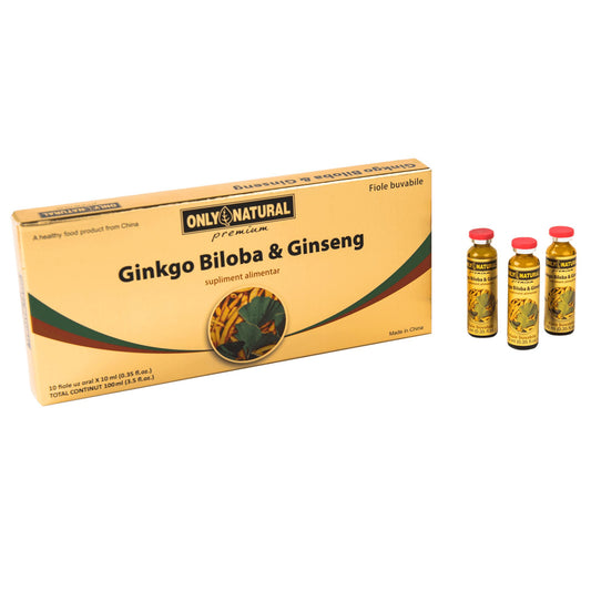 Ginkgo Biloba & Ginseng, Only Natural, 10 Fiole Buvabile - Vitax.ro