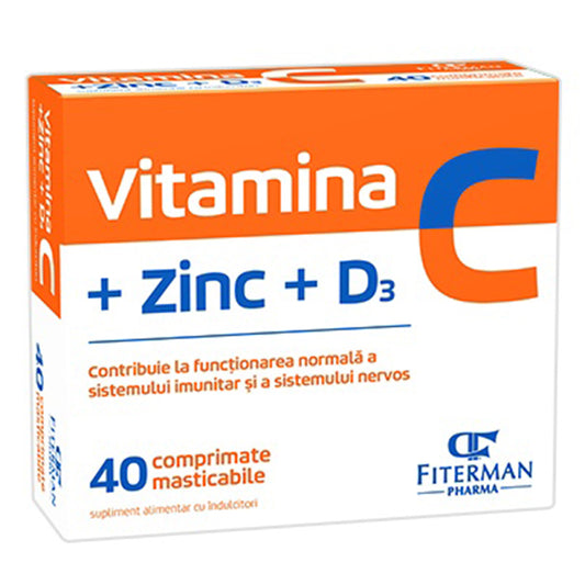 Vitamina C+Zn+D3 Fara Zahar, Fiterman Pharma, 40 Comprimate Masticabile - Vitax.ro