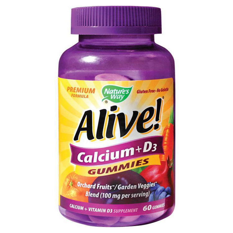 Alive Calcium + D3 Gummies, Nature'S Way, Gust de Capsuni, Zmeura si Lamaie, Flacon cu 60 Jeleuri - Vitax.ro