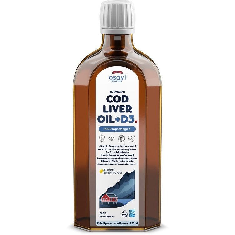 Norwegian Cod Liver Oil + D3, 1000mg Omega 3 (Lemon) - 250 ml. - Vitax.ro