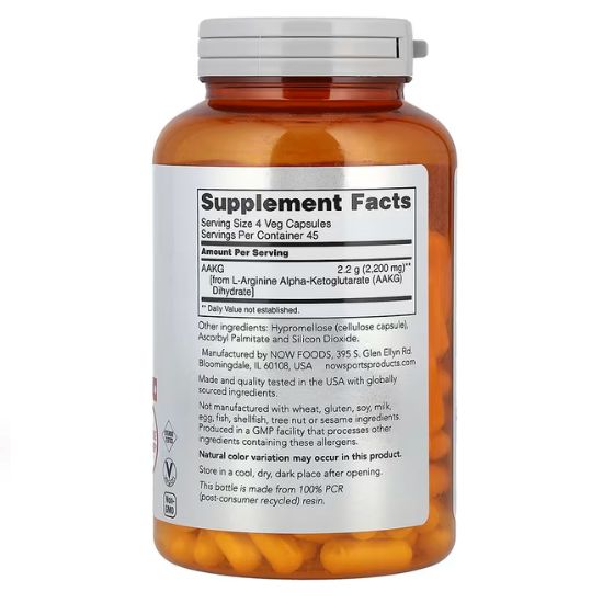 AAKG 2200, 180 vcaps, NOW Foods - Vitax.ro
