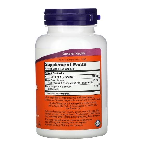 Alpha Lipoic Acid with Grape Seed Extract & Bioperine, 600mg, 120 vcaps, NOW Foods - Vitax.ro